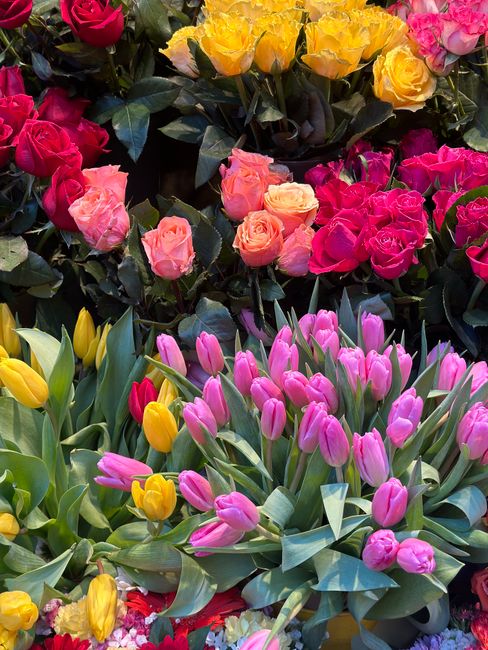 A vibrant display of fresh flowers featuring pink and yellow tulips in the foreground, with pink and yellow roses arranged in a bouquet behind them. The flowers are beautifully arranged with lush gree