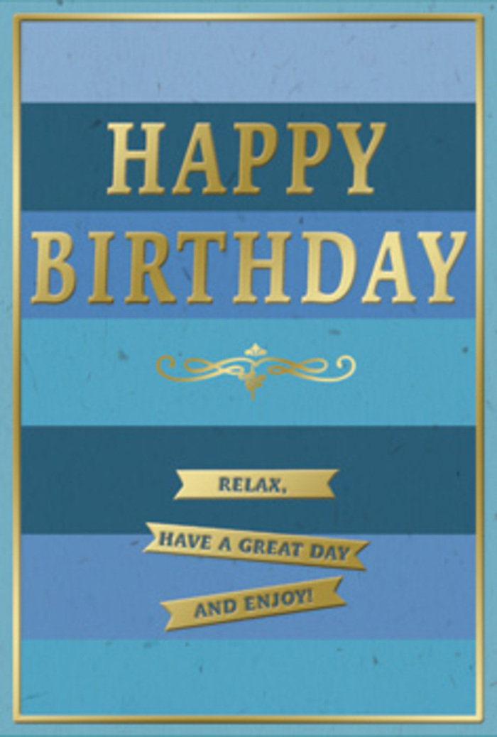 This graceful birthday card combines the calm of layered blues with the festive glow of gold, creating a piece that feels as composed and thoughtful as a carefully arranged bouquet from a Whitechapel florist. The background is a series of broad, horizontal stripes, each one a distinct shade of blue, stacked neatly one on top of another. At the bottom, the bands are dark and saturated-navy, deep ocean, and rich indigo-before transitioning upward into more open, airy hues like denim, teal, and soft sky blue. Together, these stripes create a harmonious ombré effect that draws the eye gently upward, like watching daylight spread slowly across the skyline above Whitechapel High Street. Floating prominently over this serene landscape of colour, the words "HAPPY BIRTHDAY" are set in bold, embossed gold capitals. The metallic foil finish adds a smooth, mirror-like gleam that catches even the smallest shift of light, making the letters shimmer and stand out against the cool blues. Despite their striking presence, the gold letters feel balanced rather than overpowering, as though they were carefully placed to complement the background rather than dominate it. Just beneath the main greeting, a delicate ornamental flourish in matching gold traces a subtle curve, echoing classical pen flourishes often seen on historic signage and invitations. Below this, three slim golden banners stretch across the lower portion of the card, echoing the horizontal structure of the blue stripes but in shimmering metal tones. Each banner carries part of the gentle birthday wish: "Relax, have a great day and enjoy!" The sentiment encourages an unhurried, joyful celebration-a pause from the fast pace of city life. A fine gold border frames the entire design, adding a precise finishing touch. Displayed beside a bouquet on a Whitechapel kitchen table, this card would radiate warmth, care, and quiet sophistication.