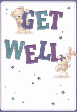 This delightful get well card, resonating with the vibrant character of Whitechapel, instantly brings a sense of comfort and light, much like receiving a bouquet from a local flower shop near Brick Lane. Illustrated in a playful yet artful style, a cuddly teddy perches atop the word 'GET,' his eyes sparkling with sincerity, while an exuberant puppy nestled below nuzzles the bold 'WELL'-a scene echoing Whitechapel's unmistakable sense of community and warmth. The characters' rounded lines and expressive features radiate hope, creating a feeling of connection as welcoming as a stroll through Altab Ali Park. The deep purples and teals of the balanced, friendly text provide visual richness without overpowering the scene, while scattered star shapes in blue and amethyst add a sprinkle of magic and optimism. The pristine white background ensures every detail stands out with clarity, mirroring the freshness felt when flowers arrive straight from Whitechapel Florist. Like arranging petals for sympathy or healing, each element is chosen to uplift and reassure, filling the card with genuine care-a perfect addition to a caring gesture in Whitechapel.