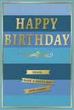 This refined birthday card feels like a pocket of calm in energetic Whitechapel, with its tranquil blue palette and soft golden highlights creating a gently uplifting mood. The front is divided into wide, horizontal stripes that run cleanly from edge to edge, each band rendered in a slightly different shade of blue. The lower stripes are deep and moody, suggestive of navy and midnight ocean, while the upper bands gradually lighten into denim, teal, and pale, serene sky blue. This smooth gradient gives the card a sense of depth and flow, like watching the colour of the sky change over the rooftops as the day unfolds. Centered across these layered blues is the main greeting, "HAPPY BIRTHDAY," set in large, embossed gold capitals. The lettering is crisp and neatly spaced, with a metallic foil surface that reflects ambient light in a soft, inviting way-more gentle glow than glaring shine. Underneath the central message, a decorative golden flourish stretches elegantly across the width of the card, reminiscent of classic calligraphic swirls and lending a touch of timeless grace. Below this, three slim gold banners sit one above the other, echoing the horizontal rhythm established by the blue stripes. Each banner is foiled in the same rich gold and inscribed with part of the message: "Relax, have a great day and enjoy!" The overall effect is that of a thoughtful reminder to slow down, celebrate, and be kind to oneself. A very thin gold border frames the entire design, giving it a polished, almost framed-print quality. Paired with a fresh bouquet of birthday blooms delivered locally in Whitechapel, this card would provide a beautifully composed, heartfelt finishing touch to any celebration.